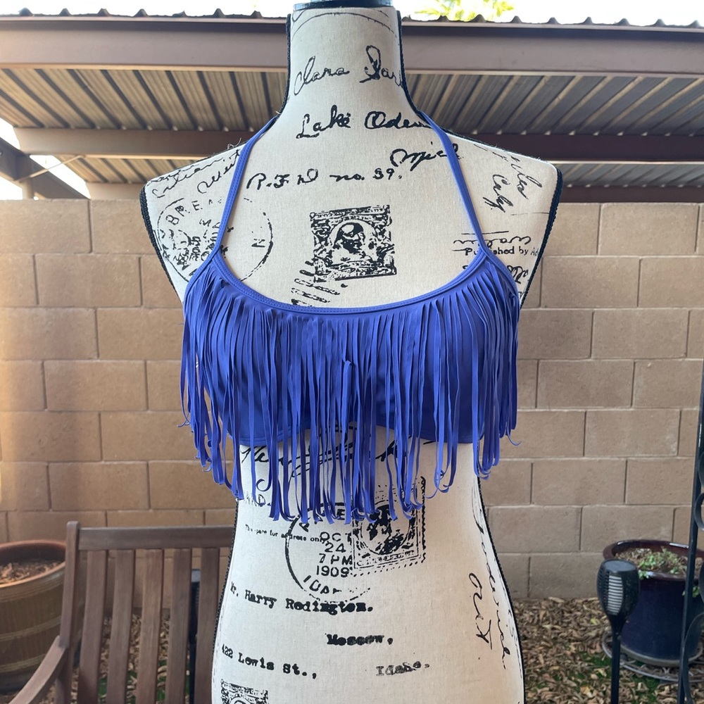 New BP. Fringe Halter Adjustable Bikini Top Royal Blue Boho Retro Style Medium